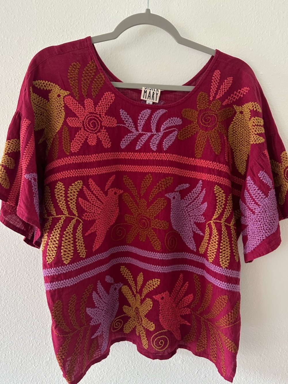 Sister Mary Raspberry Multi Floral Knit Boxy Embroidered Short-Sleeve Top